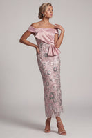 Load image into Gallery viewer, Sparkly Light Pink Sequin Sheath Ruffled Maxi Evening Dress with Sash