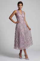 Load image into Gallery viewer, Sparkly Lilac Halter A-Line Floral Beaded Long Evening Dress with Keyhole