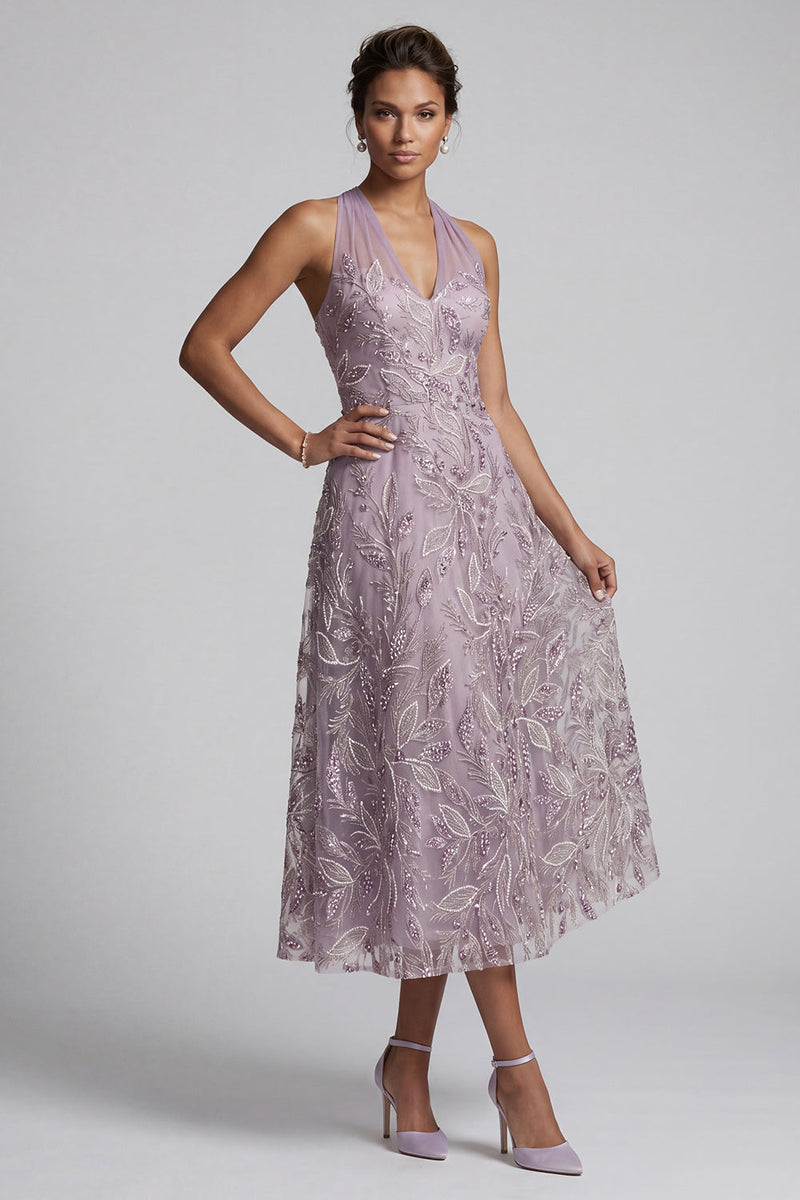 Load image into Gallery viewer, Sparkly Lilac Halter A-Line Floral Beaded Long Evening Dress with Keyhole