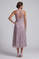 Load image into Gallery viewer, Sparkly Lilac Halter A-Line Floral Beaded Long Evening Dress with Keyhole