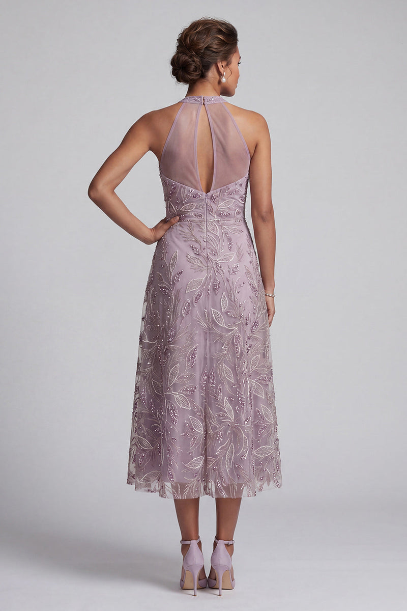Load image into Gallery viewer, Sparkly Lilac Halter A-Line Floral Beaded Long Evening Dress with Keyhole