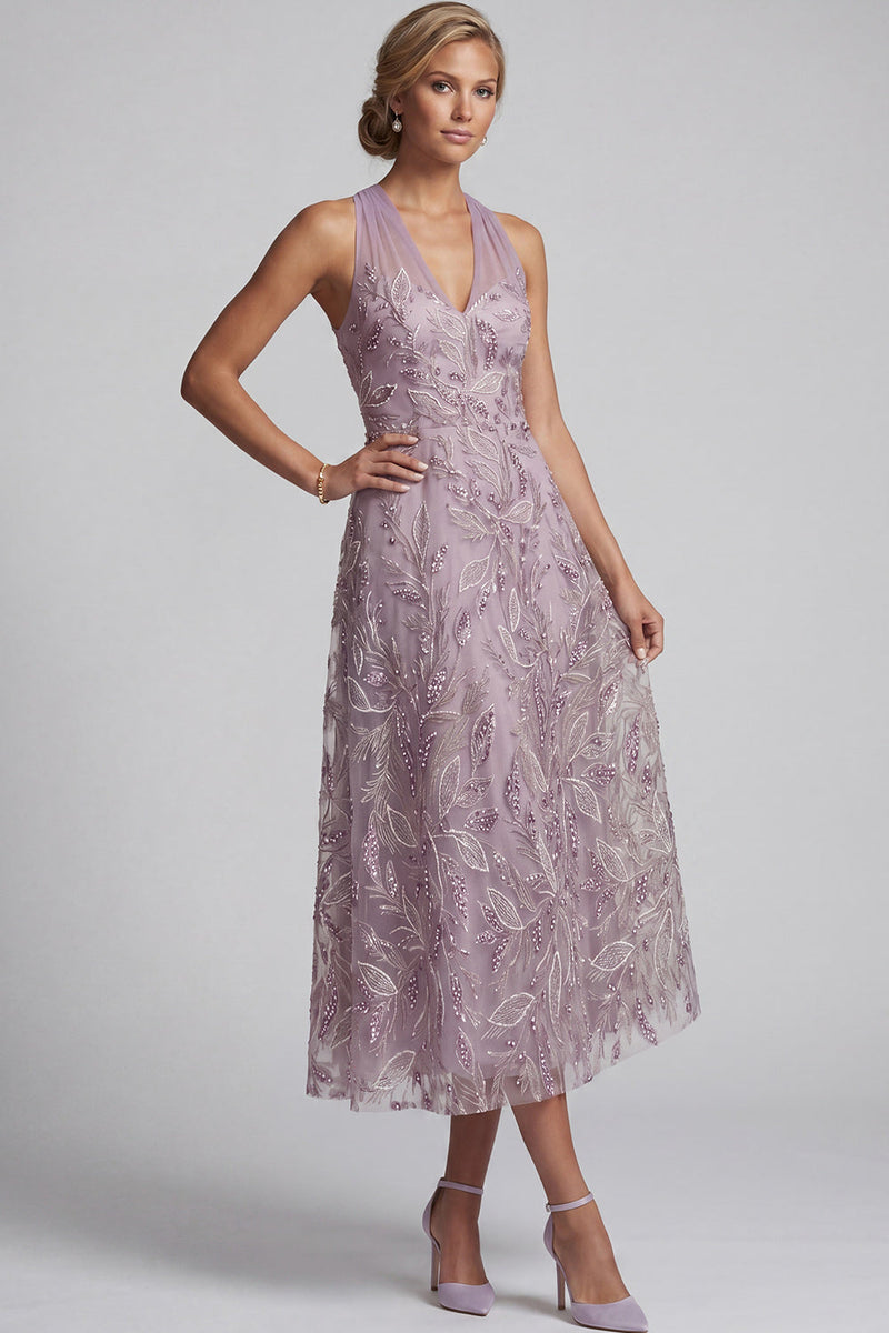Load image into Gallery viewer, Sparkly Lilac Halter A-Line Floral Beaded Long Evening Dress with Keyhole