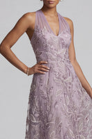 Load image into Gallery viewer, Sparkly Lilac Halter A-Line Floral Beaded Long Evening Dress with Keyhole