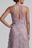 Load image into Gallery viewer, Sparkly Lilac Halter A-Line Floral Beaded Long Evening Dress with Keyhole