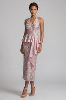 Load image into Gallery viewer, Sparkly Light Pink Sheath Halter Sequin Ruffled Long Evening Dress with Sash