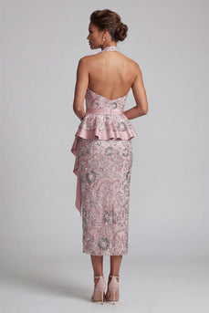 Sparkly Light Pink Sheath Halter Sequin Ruffled Long Evening Dress with Sash