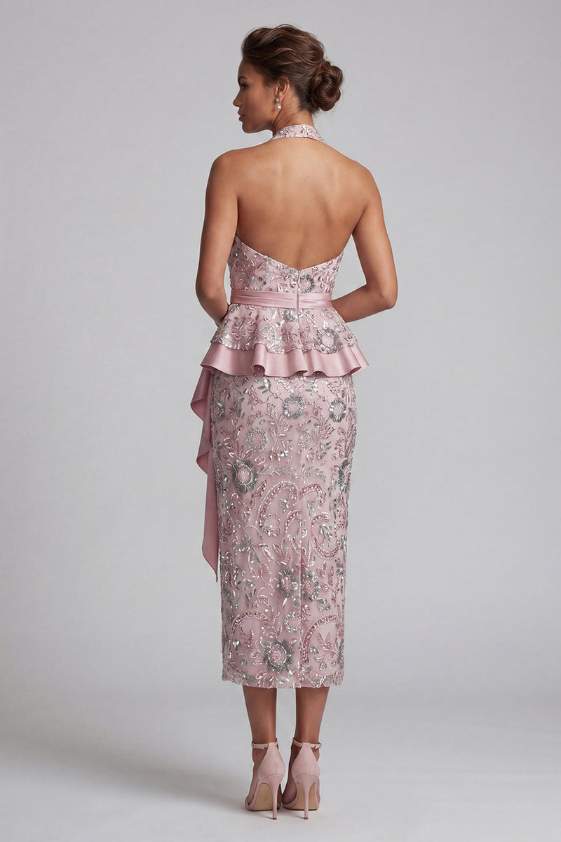 Load image into Gallery viewer, Sparkly Light Pink Sheath Halter Sequin Ruffled Long Evening Dress with Sash