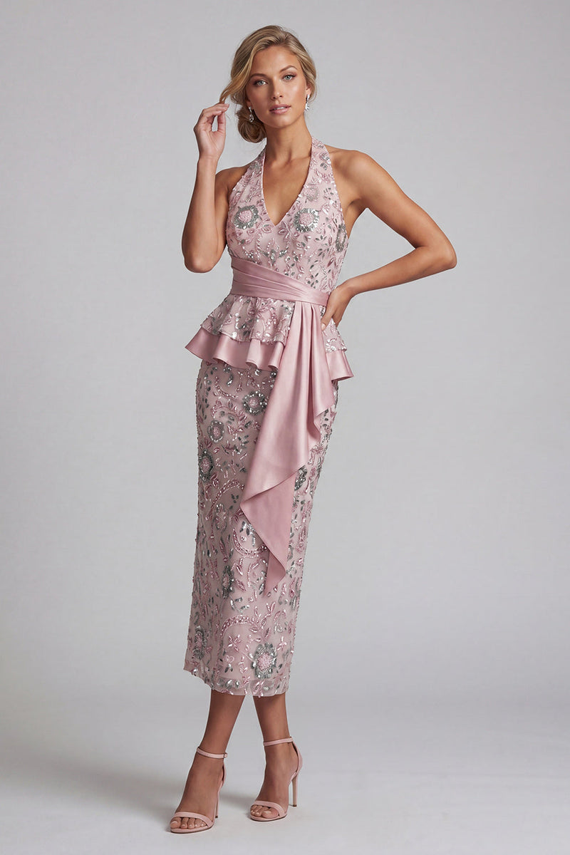 Load image into Gallery viewer, Sparkly Light Pink Sheath Halter Sequin Ruffled Long Evening Dress with Sash