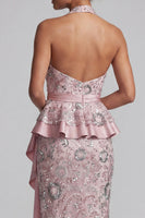 Load image into Gallery viewer, Sparkly Light Pink Sheath Halter Sequin Ruffled Long Evening Dress with Sash