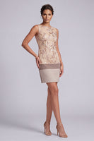 Load image into Gallery viewer, Champagne Sparkly Floral Sequin Tight Boat Neck Short Evening Dress