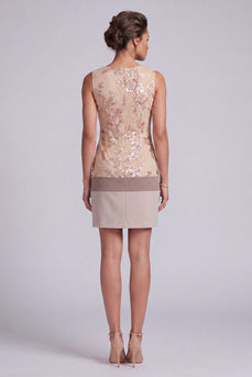 Champagne Sparkly Floral Sequin Tight Boat Neck Short Evening Dress