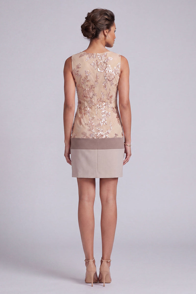 Load image into Gallery viewer, Champagne Sparkly Floral Sequin Tight Boat Neck Short Evening Dress