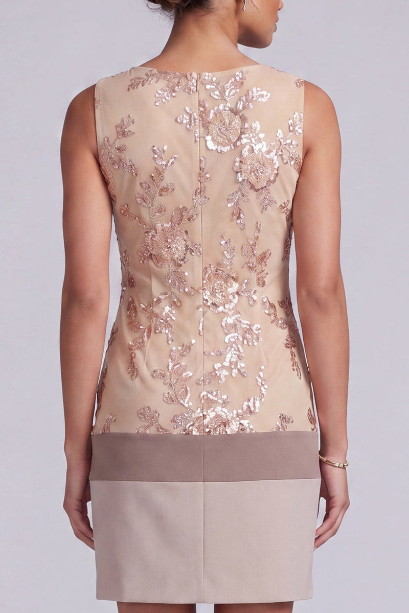 Load image into Gallery viewer, Champagne Sparkly Floral Sequin Tight Boat Neck Short Evening Dress