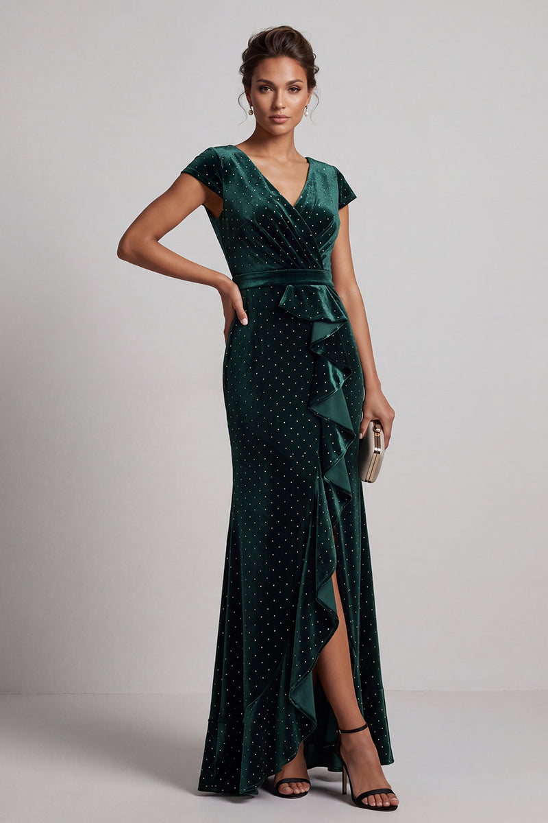 Load image into Gallery viewer, Dark Green Velvet Sparkly Beaded Ruffled V-Neck Long Mother of the Bride Dress with Sleeves
