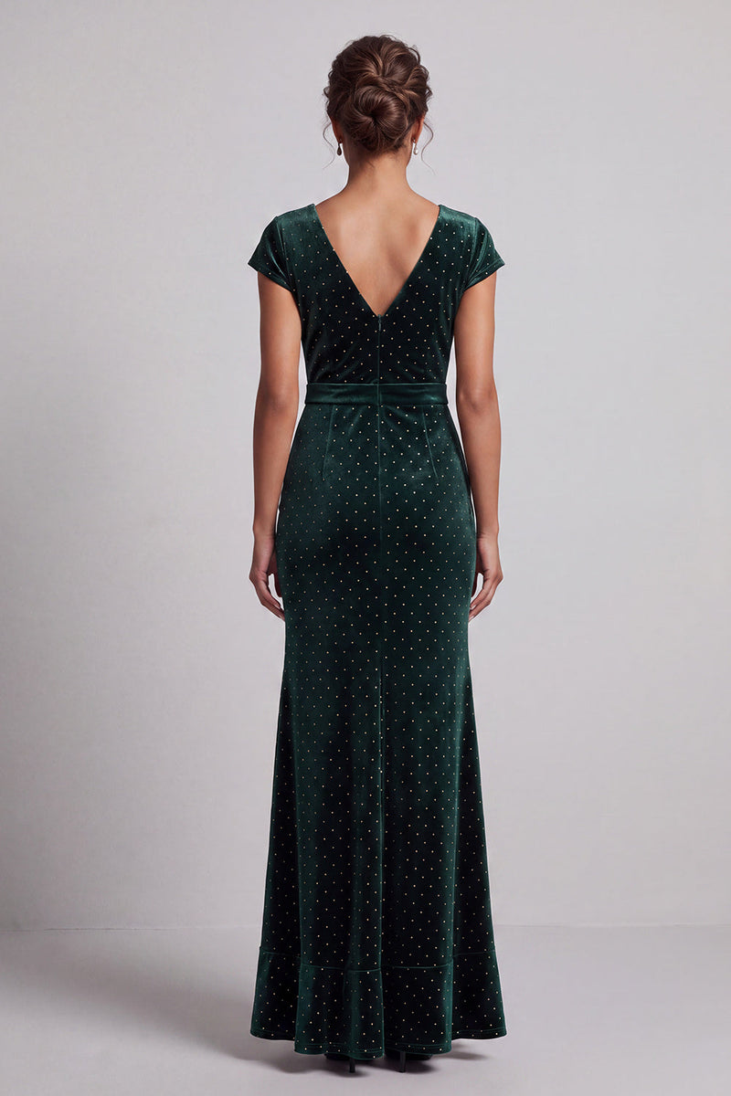 Load image into Gallery viewer, Dark Green Velvet Sparkly Beaded Ruffled V-Neck Long Mother of the Bride Dress with Sleeves