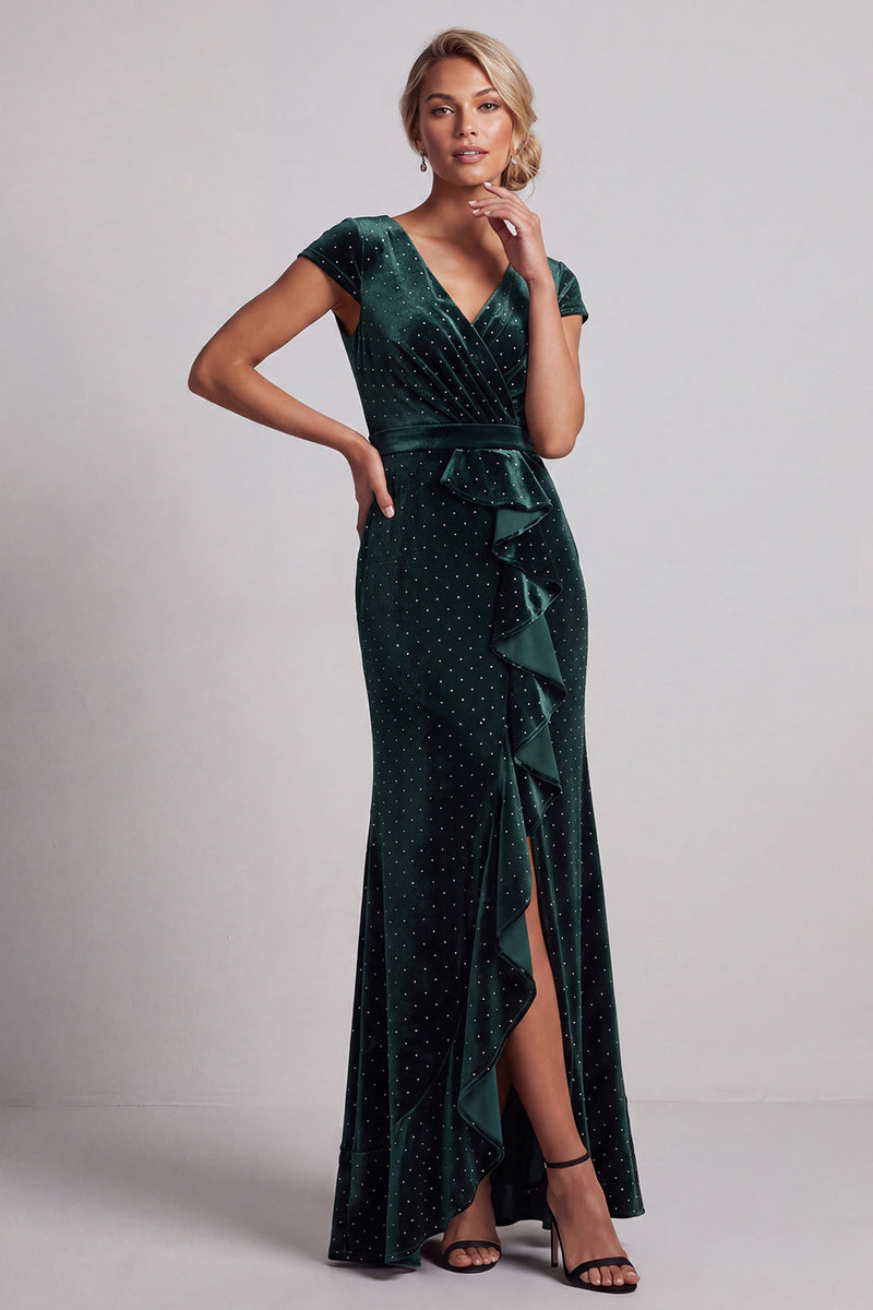 Load image into Gallery viewer, Dark Green Velvet Sparkly Beaded Ruffled V-Neck Long Mother of the Bride Dress with Sleeves