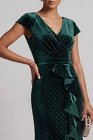 Load image into Gallery viewer, Dark Green Velvet Sparkly Beaded Ruffled V-Neck Long Mother of the Bride Dress with Sleeves