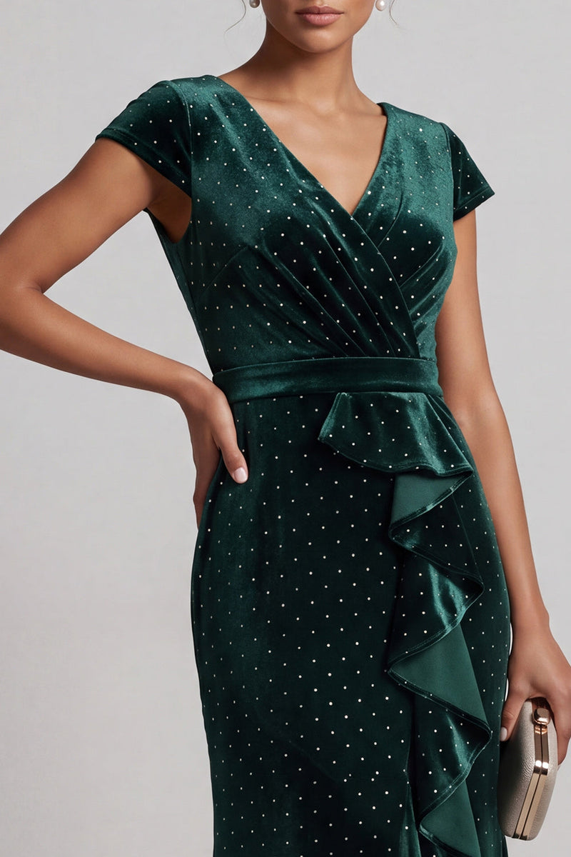 Load image into Gallery viewer, Dark Green Velvet Sparkly Beaded Ruffled V-Neck Long Mother of the Bride Dress with Sleeves
