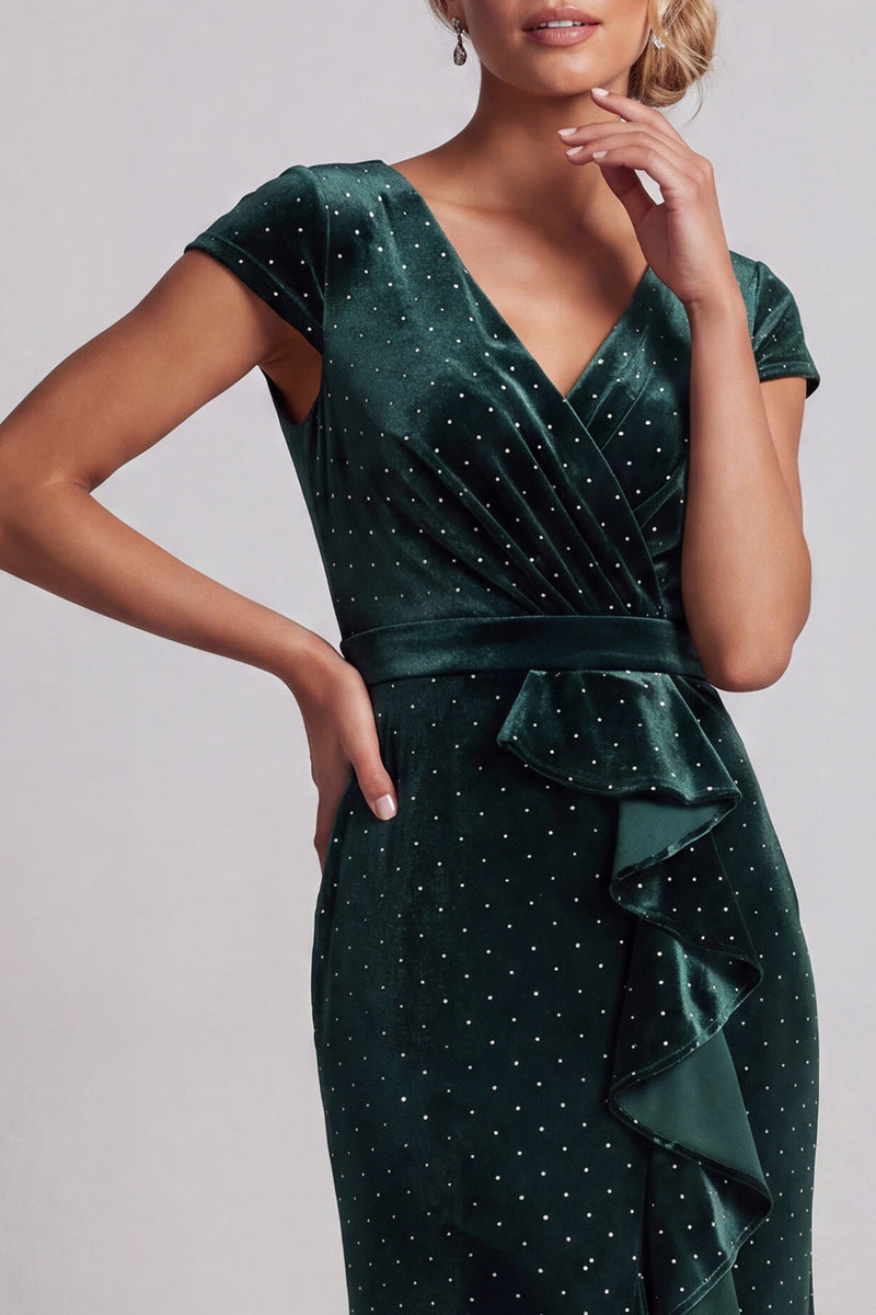 Load image into Gallery viewer, Dark Green Velvet Sparkly Beaded Ruffled V-Neck Long Mother of the Bride Dress with Sleeves
