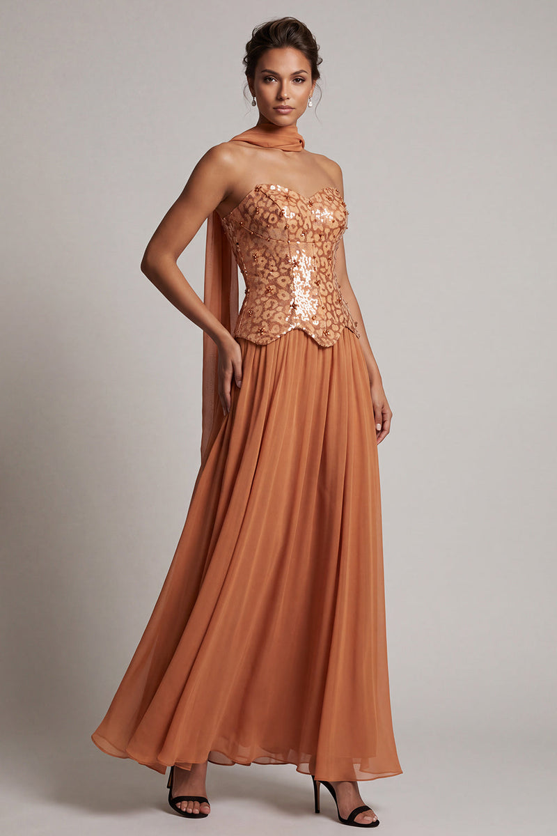 Load image into Gallery viewer, Bronzer Corset Neck Scarf Sequin A-Line Long Mother of the Bride Dress