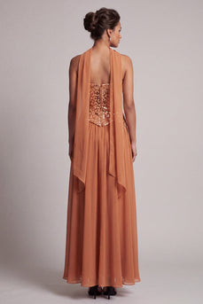 Bronzer Corset Neck Scarf Sequin A-Line Long Mother of the Bride Dress