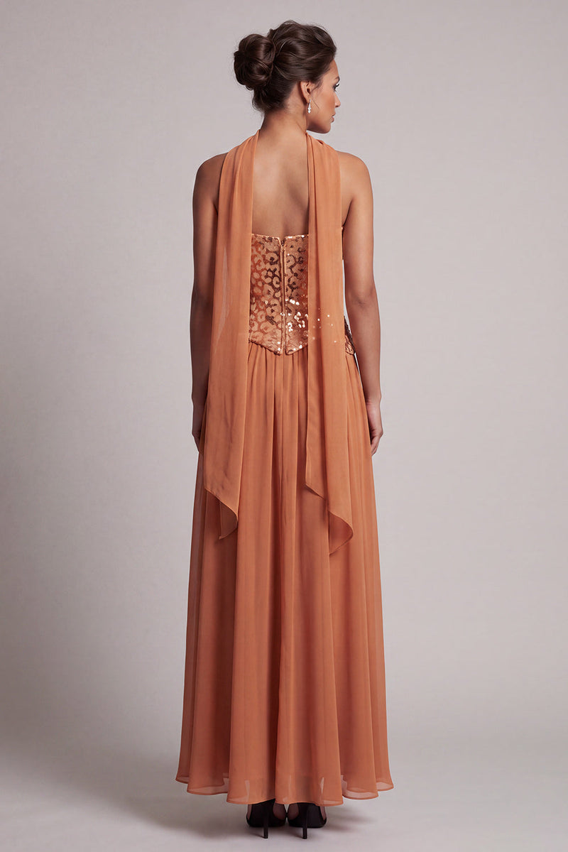 Load image into Gallery viewer, Bronzer Corset Neck Scarf Sequin A-Line Long Mother of the Bride Dress
