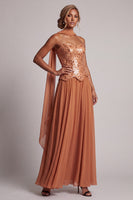 Load image into Gallery viewer, Bronzer Corset Neck Scarf Sequin A-Line Long Mother of the Bride Dress