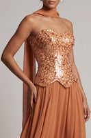 Load image into Gallery viewer, Bronzer Corset Neck Scarf Sequin A-Line Long Mother of the Bride Dress