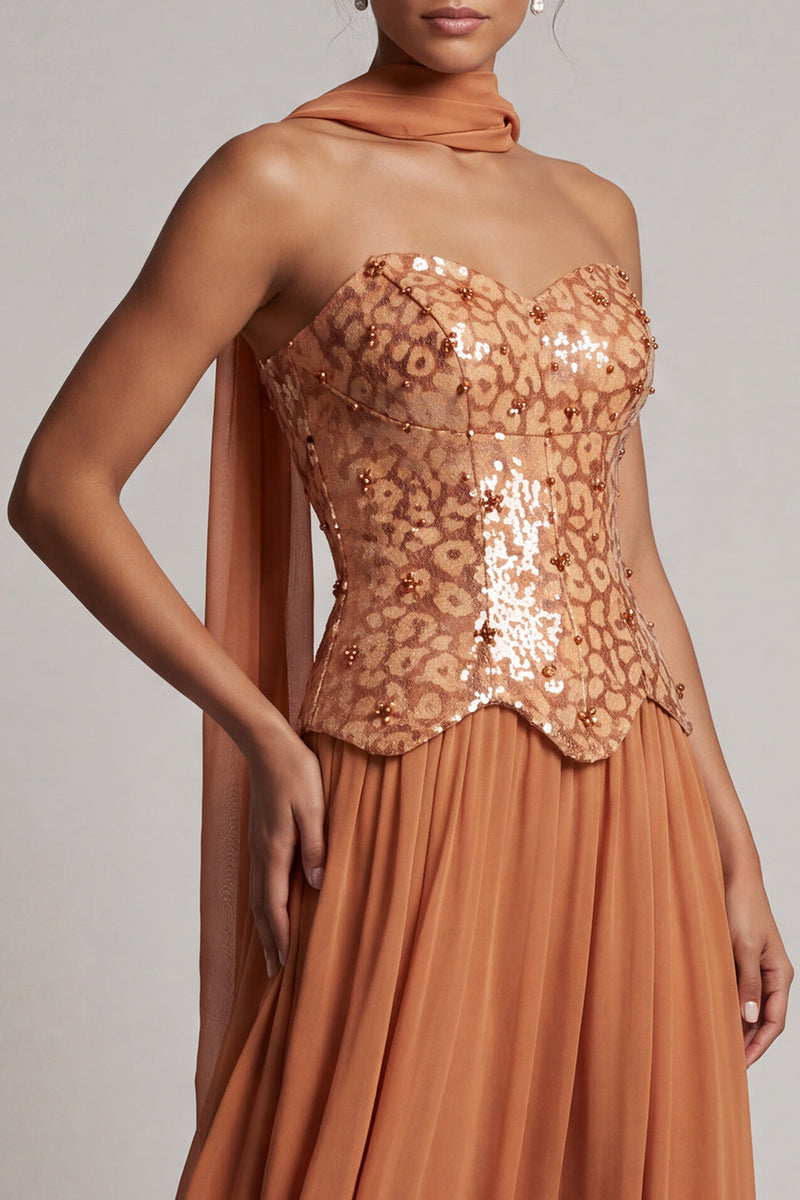 Load image into Gallery viewer, Bronzer Corset Neck Scarf Sequin A-Line Long Mother of the Bride Dress