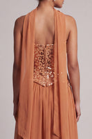 Load image into Gallery viewer, Bronzer Corset Neck Scarf Sequin A-Line Long Mother of the Bride Dress