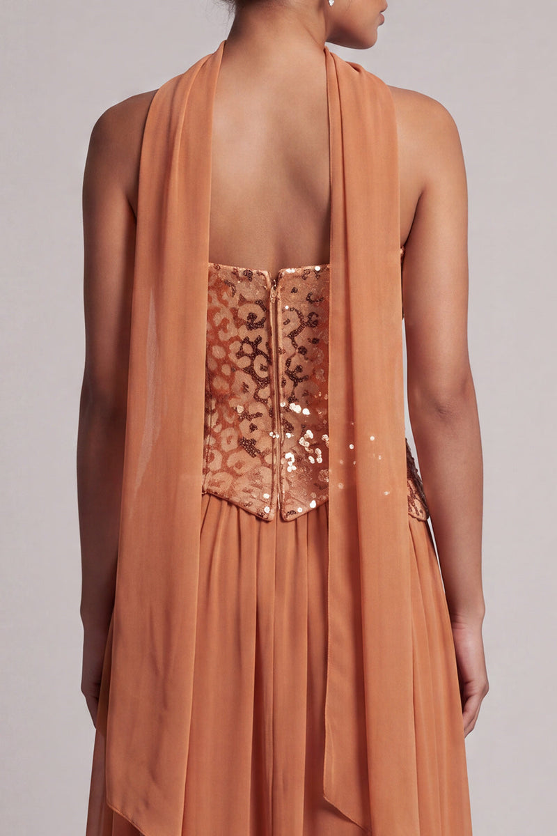 Load image into Gallery viewer, Bronzer Corset Neck Scarf Sequin A-Line Long Mother of the Bride Dress
