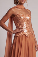 Load image into Gallery viewer, Bronzer Corset Neck Scarf Sequin A-Line Long Mother of the Bride Dress