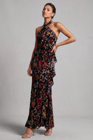 Load image into Gallery viewer, Black Sheath Ruffled Halter Long Floral Mother of the Bride Dress