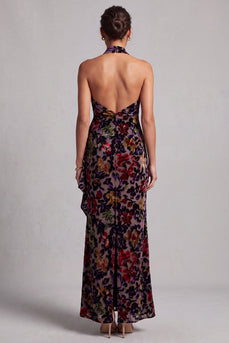 Black Sheath Ruffled Halter Long Floral Mother of the Bride Dress