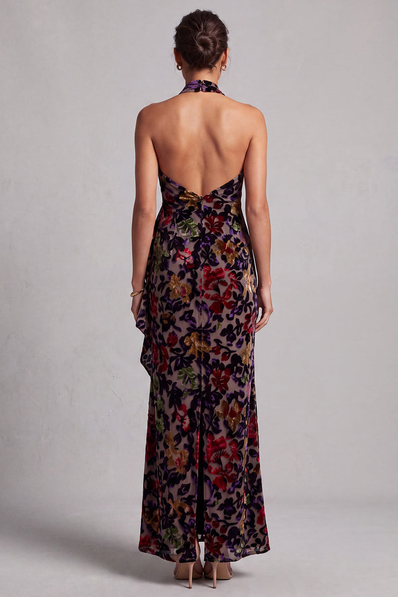 Load image into Gallery viewer, Black Sheath Ruffled Halter Long Floral Mother of the Bride Dress