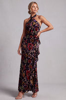 Load image into Gallery viewer, Black Sheath Ruffled Halter Long Floral Mother of the Bride Dress