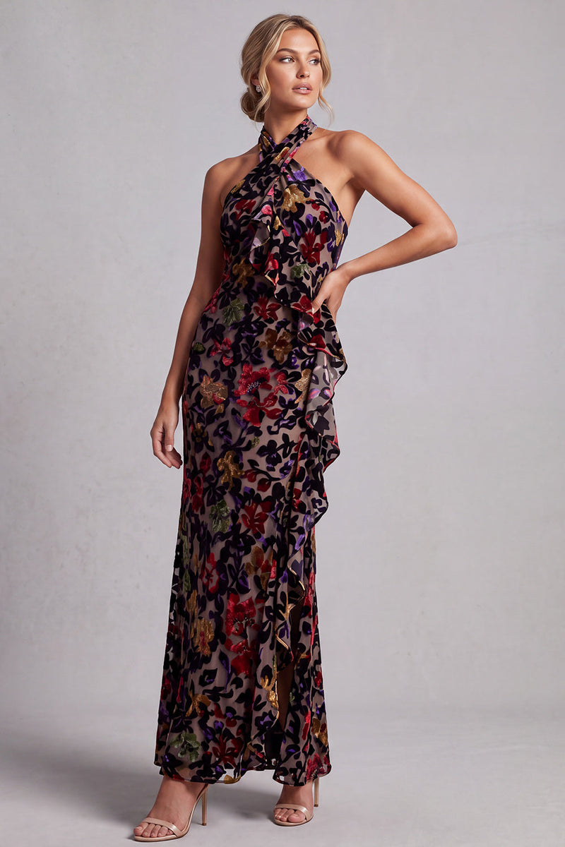 Load image into Gallery viewer, Black Sheath Ruffled Halter Long Floral Mother of the Bride Dress