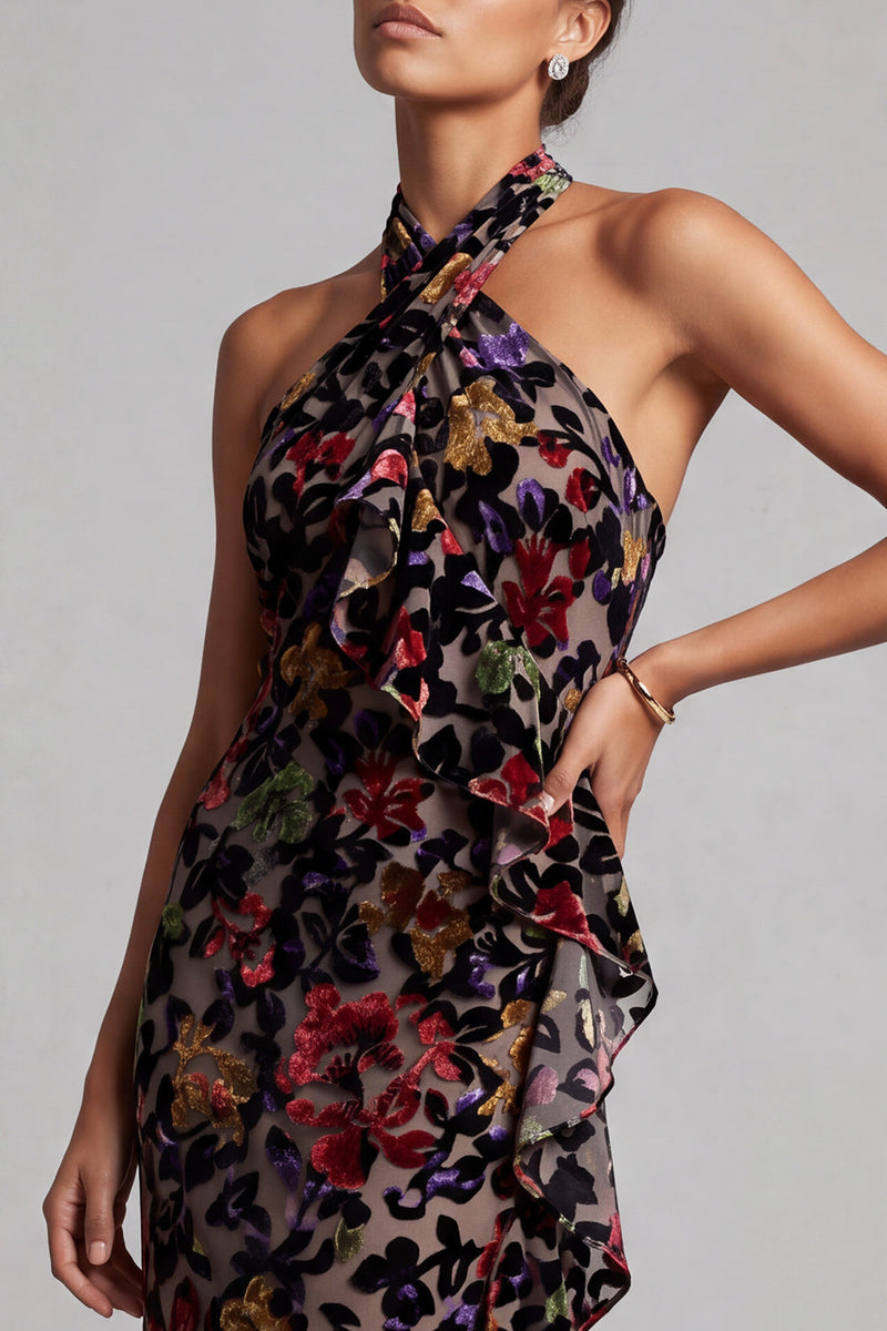 Load image into Gallery viewer, Black Sheath Ruffled Halter Long Floral Mother of the Bride Dress