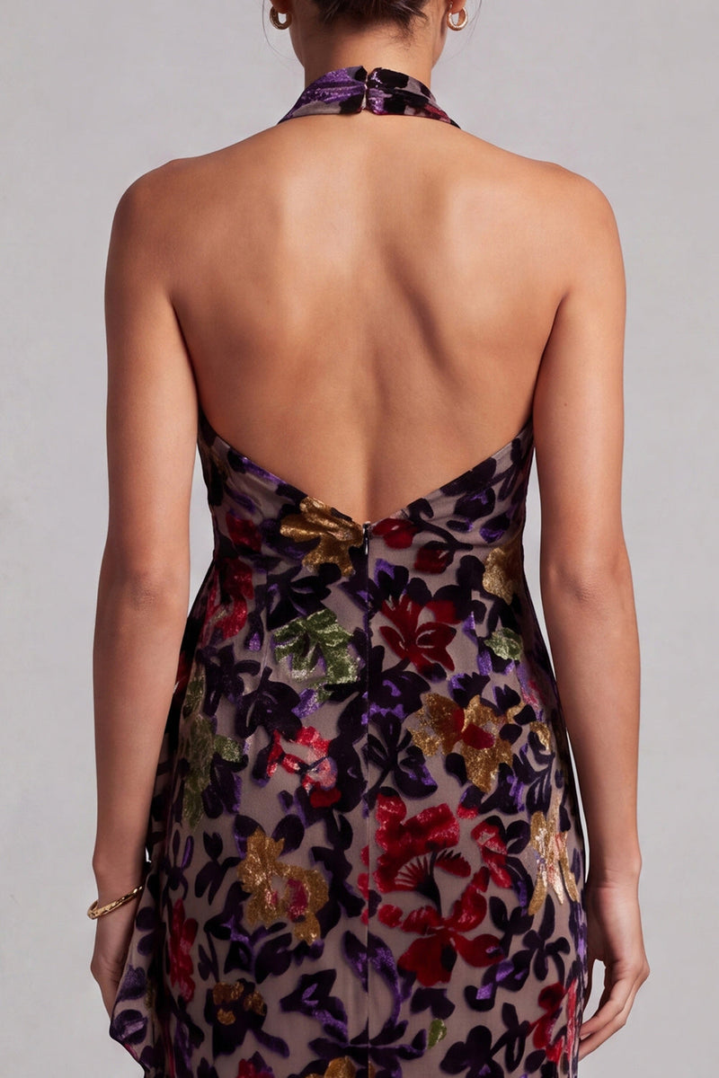 Load image into Gallery viewer, Black Sheath Ruffled Halter Long Floral Mother of the Bride Dress