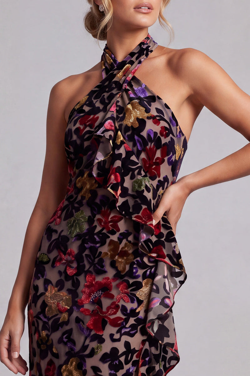 Load image into Gallery viewer, Black Sheath Ruffled Halter Long Floral Mother of the Bride Dress