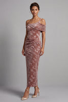 Load image into Gallery viewer, Desert Rose Velvet Floral Ruched Sheath Long Mother of the Bride Dress