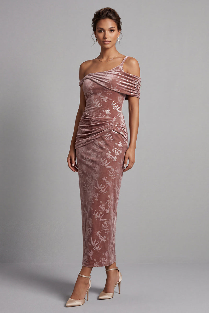 Load image into Gallery viewer, Desert Rose Velvet Floral Ruched Sheath Long Mother of the Bride Dress