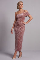 Load image into Gallery viewer, Desert Rose Velvet Floral Ruched Sheath Long Mother of the Bride Dress
