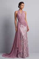 Load image into Gallery viewer, Wisteria Sparkly Sequin Halter Mermaid Long Mother of the Bride Dress with Side Cape