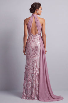 Wisteria Sparkly Sequin Halter Mermaid Long Mother of the Bride Dress with Side Cape