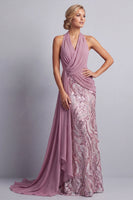 Load image into Gallery viewer, Wisteria Sparkly Sequin Halter Mermaid Long Mother of the Bride Dress with Side Cape