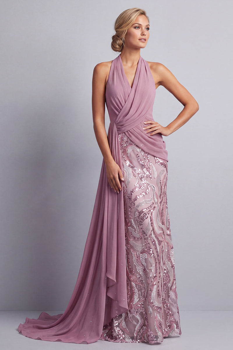 Load image into Gallery viewer, Wisteria Sparkly Sequin Halter Mermaid Long Mother of the Bride Dress with Side Cape
