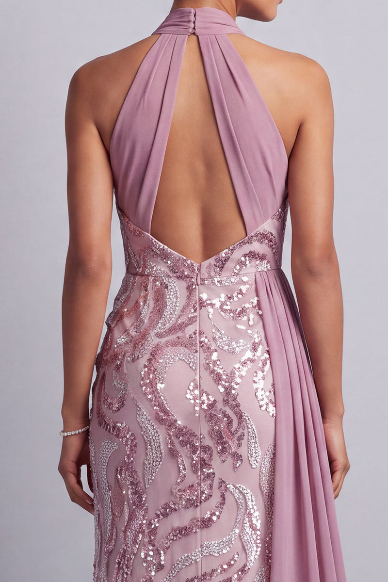 Load image into Gallery viewer, Wisteria Sparkly Sequin Halter Mermaid Long Mother of the Bride Dress with Side Cape