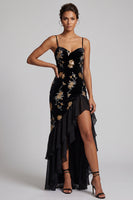 Load image into Gallery viewer, Sparkly Black Velvet Mermaid Ruffled Sequin High-Low Mother of the Bride Dress