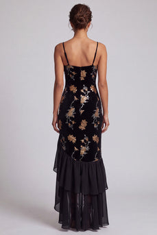 Sparkly Black Velvet Mermaid Ruffled Sequin High-Low Mother of the Bride Dress